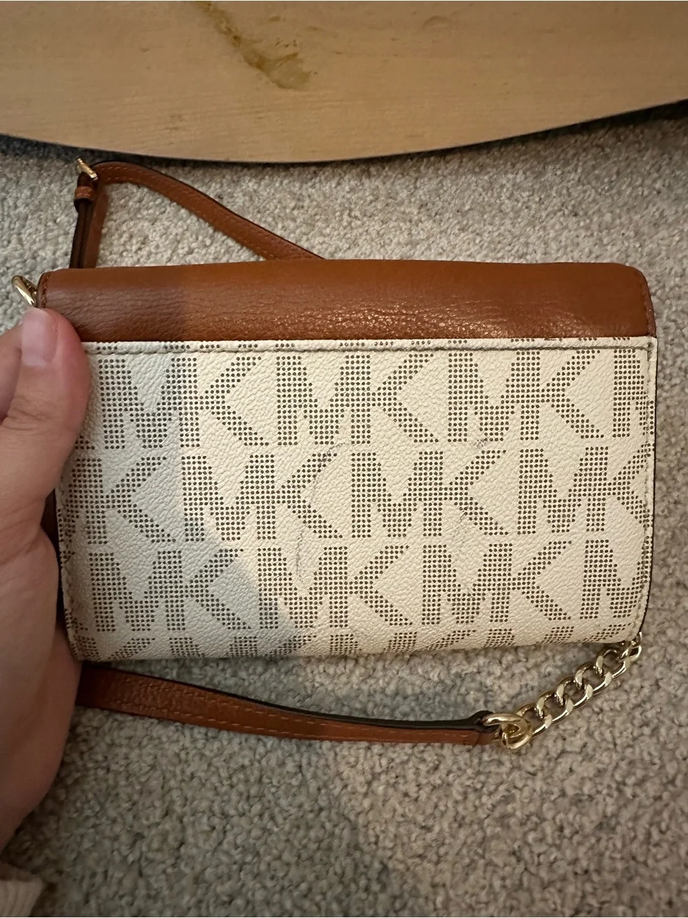 Michael Kors Brown Leather & Cream MK Logo Crossbody Wallet with Gold Logo